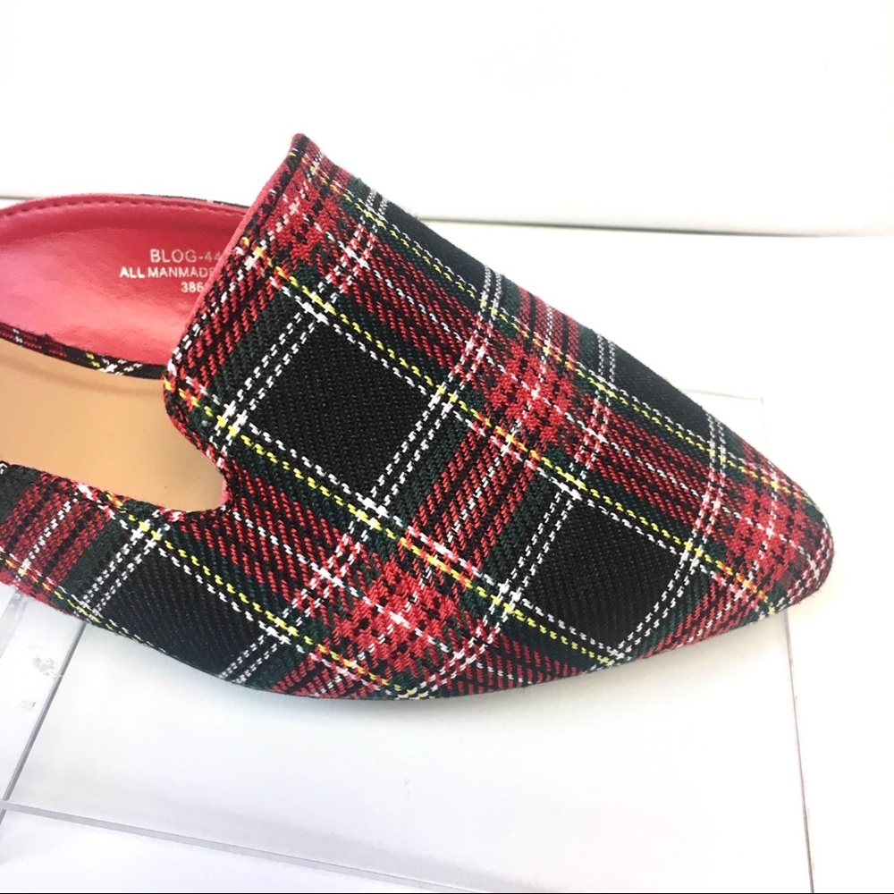 LAST PAIR Tweed Plaid Mules - Red Tartan Flat - Picture 5 of 8